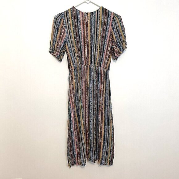 EMERY ROSE SHEIN Striped Puff Sleeve Dress White Black Multi Geometric Boho Midi - Picture 12 of 14